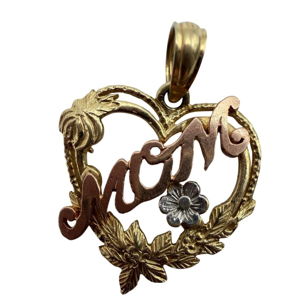 Vintage 14K Solid Gold Tri-Color MOM Heart Flower Charm Pendant 1.16g Estate